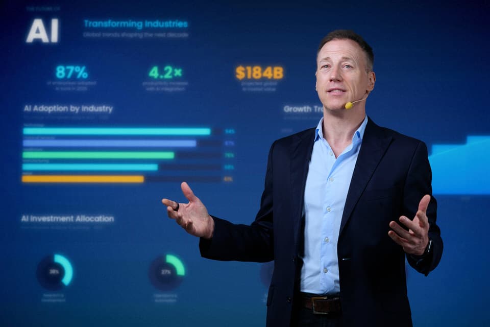 Professional speaker photo on stage with presentation screen